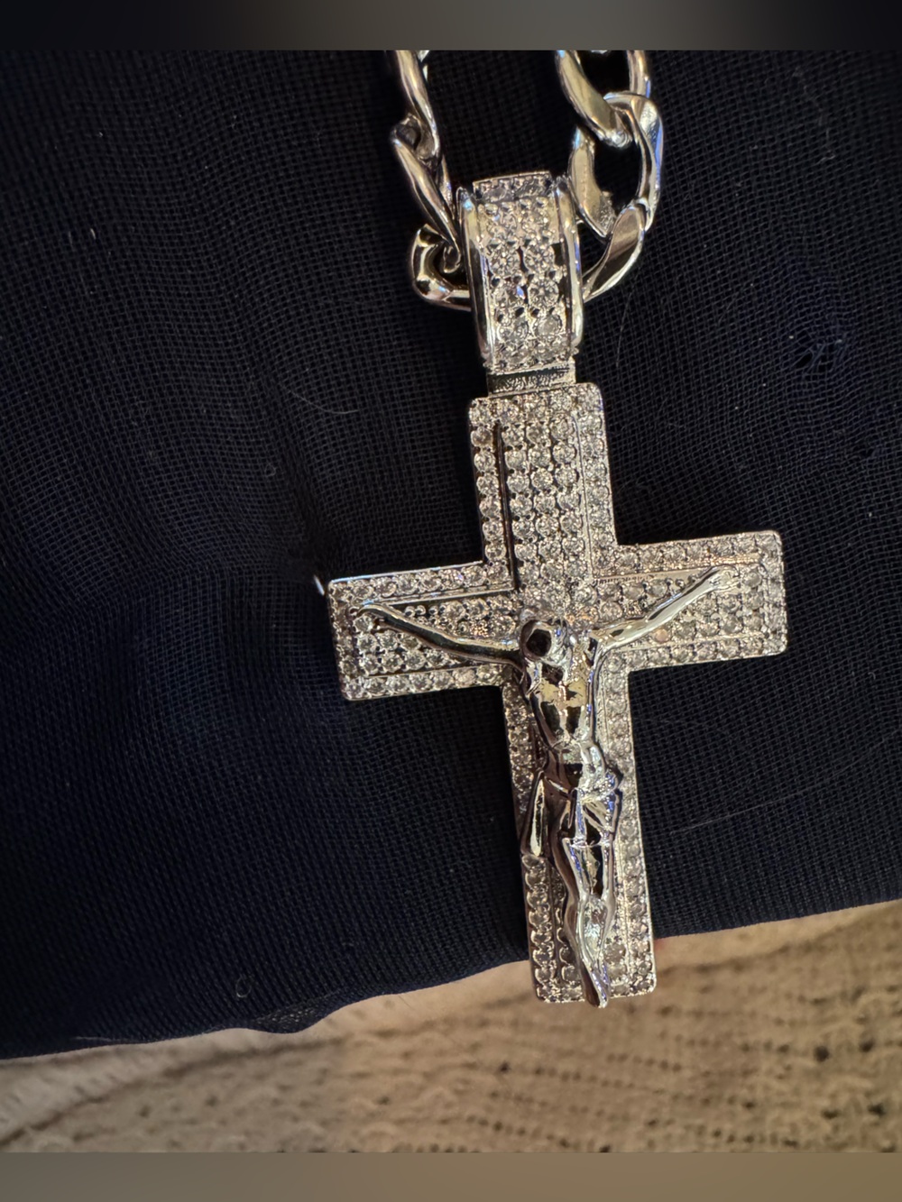Silver-Tone Cross Pendant Necklace with Heavy Link Chain